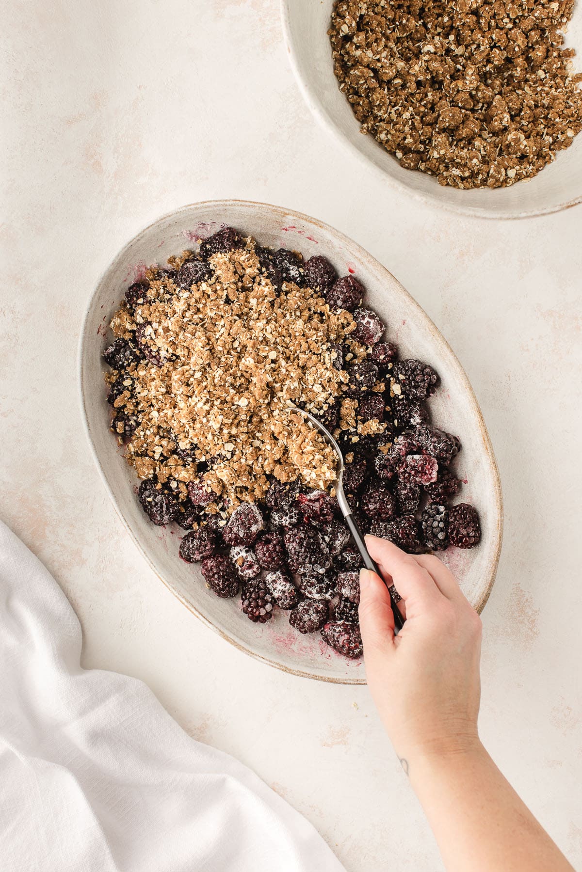 Crisp topping on top of berries. 